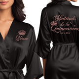 Personalized black quinceanera robes. Cute satin knee length robes for madrina de la quinceanera. 