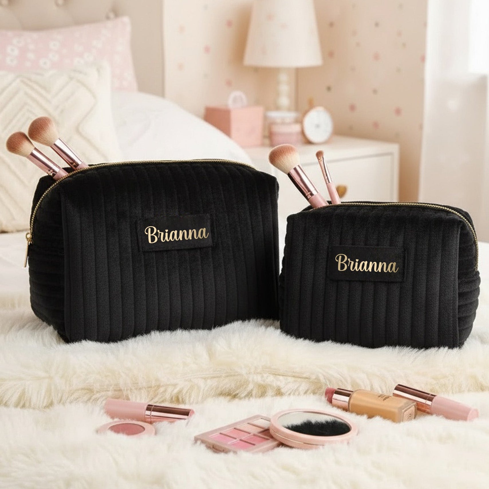 Personalized Velvet Makeup Bag Matching Set with Name