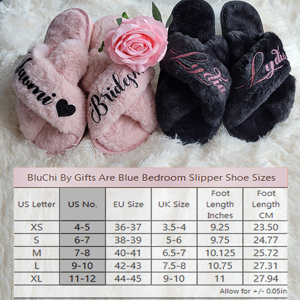 BluChi Cute Fluffy Slippers for Women - Personalized Bridesmaid Slippers in Sizes XS to XL - Custom Bride Gift