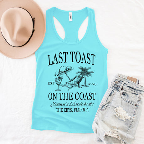 Matching bachelorette party tank tops, custom made for bride squads celebrating at coastal locations or beachside getaways.