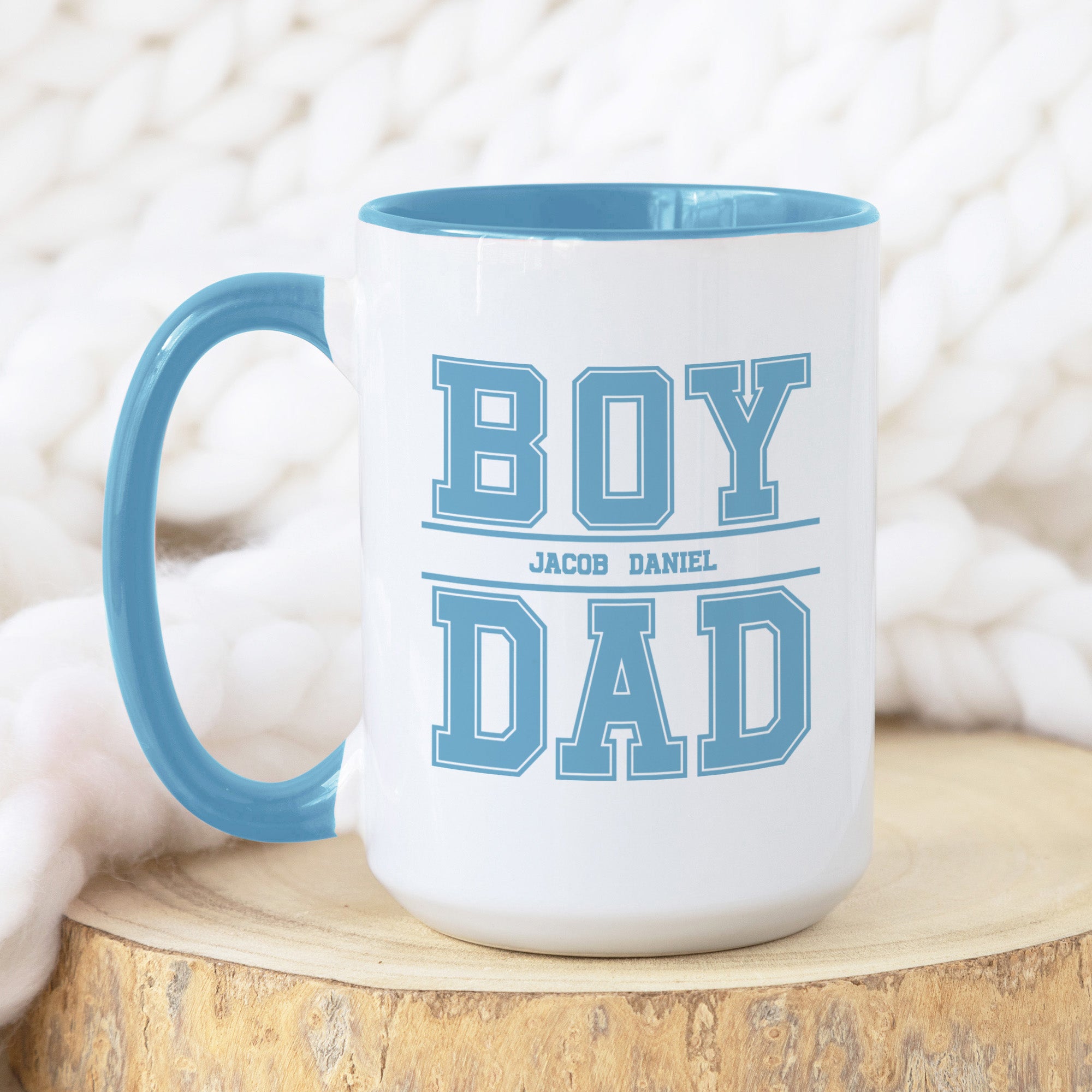 White ceramic personalized mug for boy dad with kids names, a perfect gift for Father’s Day, birthday gift for dad, and Christmas gift for dad. 