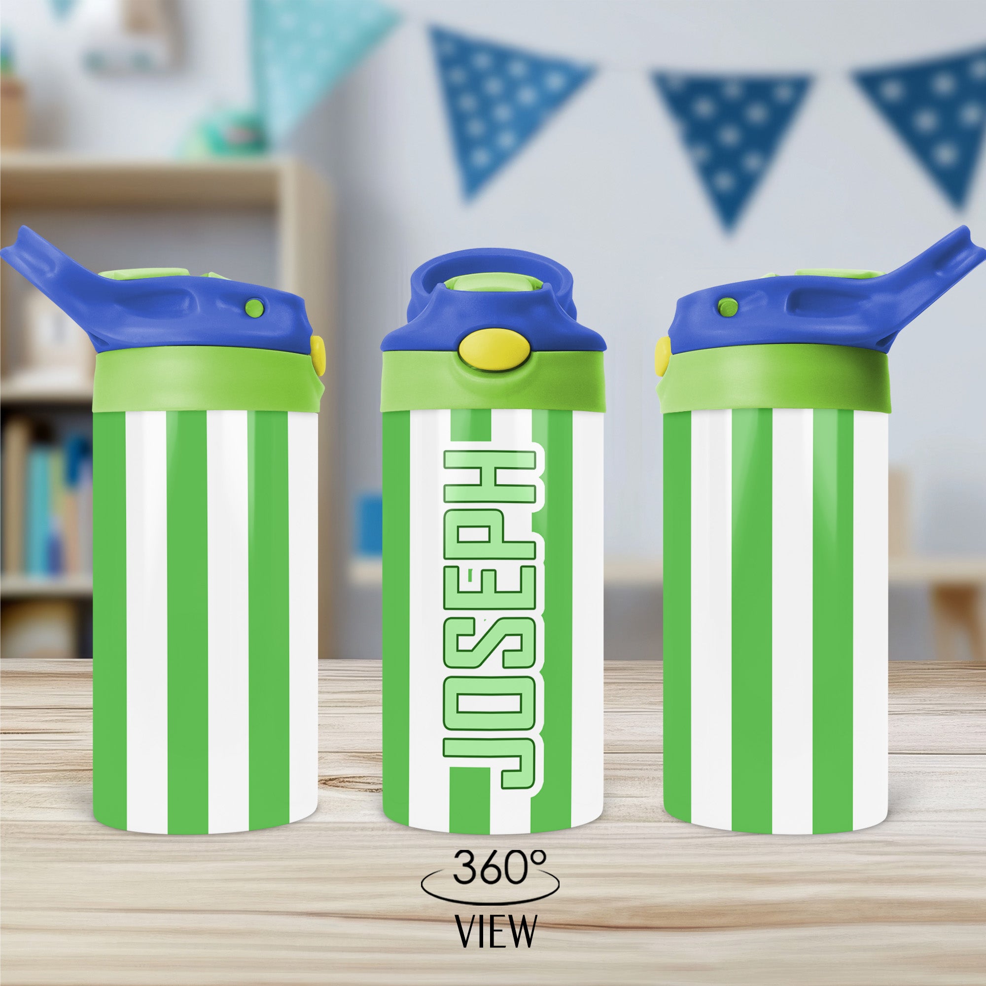 Custom name kids water bottle with bold stripe design, ideal for camp, sports, or daycare.