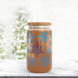 Blue Snowflakes Glass Cup for the Holidays - 16oz Tumbler with Lid and Straw