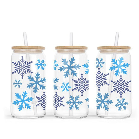 Blue Snowflakes Clear Iced Coffee Glass Tumbler for the Holidays - Gifts Are Blue