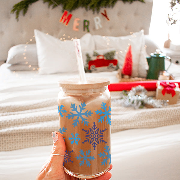 Blue Snowflakes Clear Iced Coffee Glass Tumbler for the Holidays