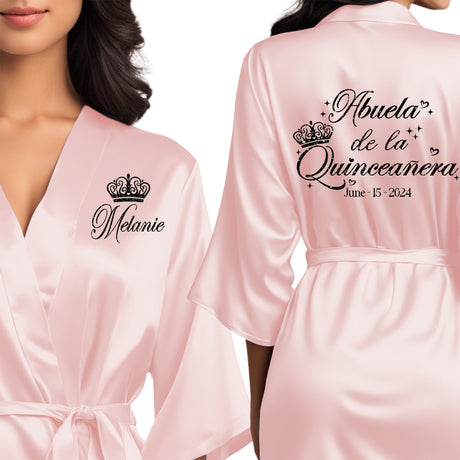 Front and back personalized satin robe at knee length. Abuela de la quinceanera getting ready robes.