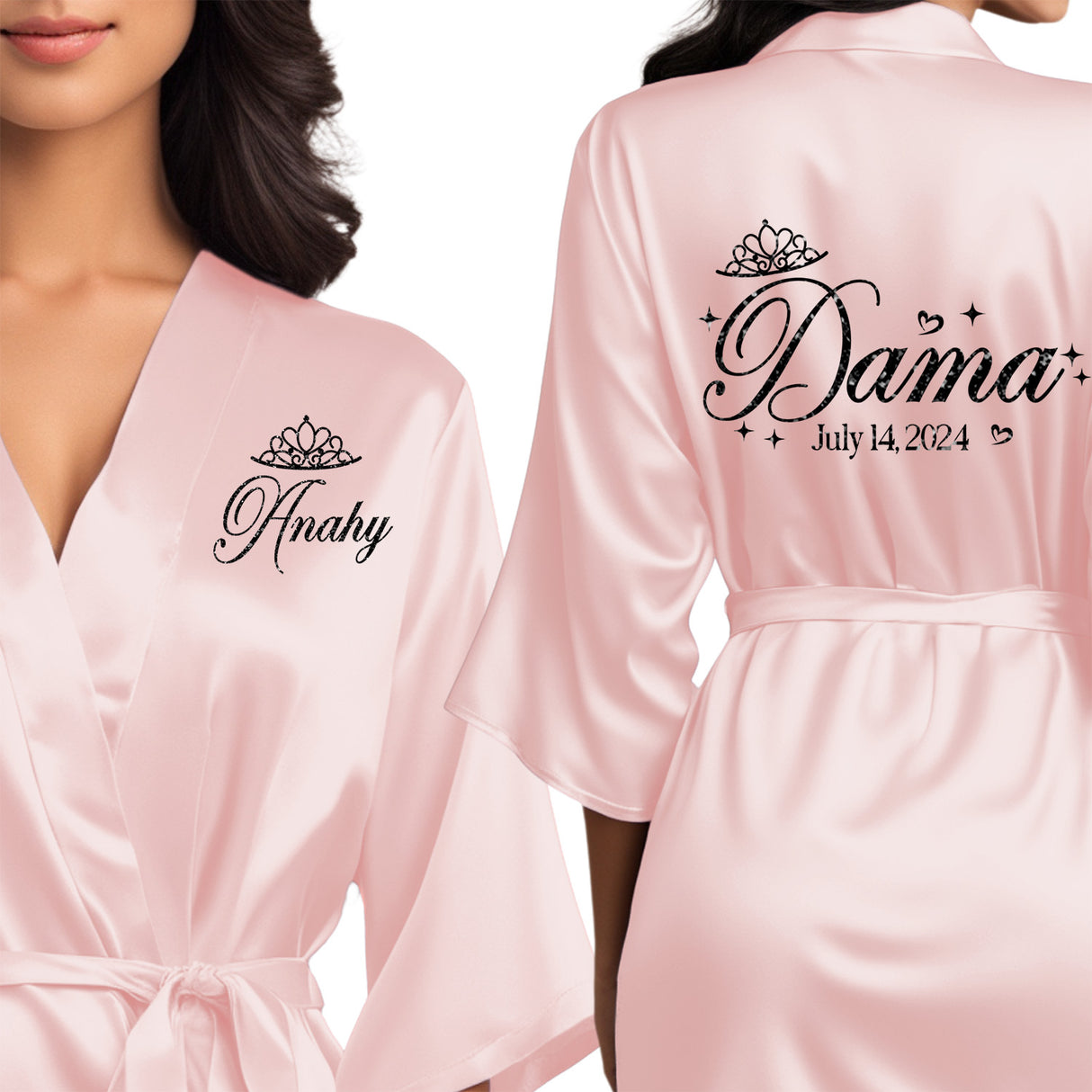 Pink quinceanera robes for damas. Beautiful satin blush pink robes with black glitter.