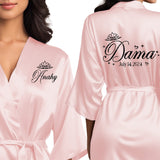 Pink quinceanera robes for damas. Beautiful satin blush pink robes with black glitter.