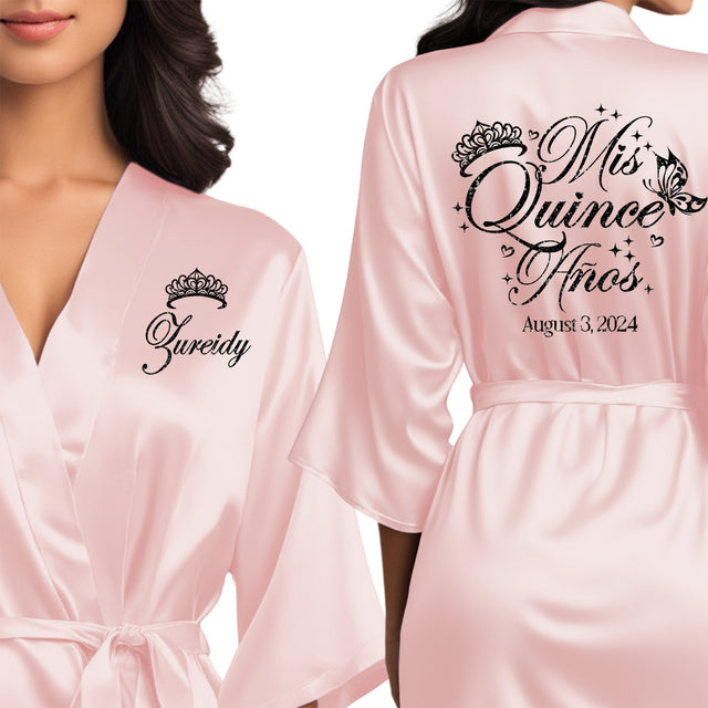 Personalized blush pink satin quinceanera robes. The perfect getting ready mis quince anos robes with black glitter. 