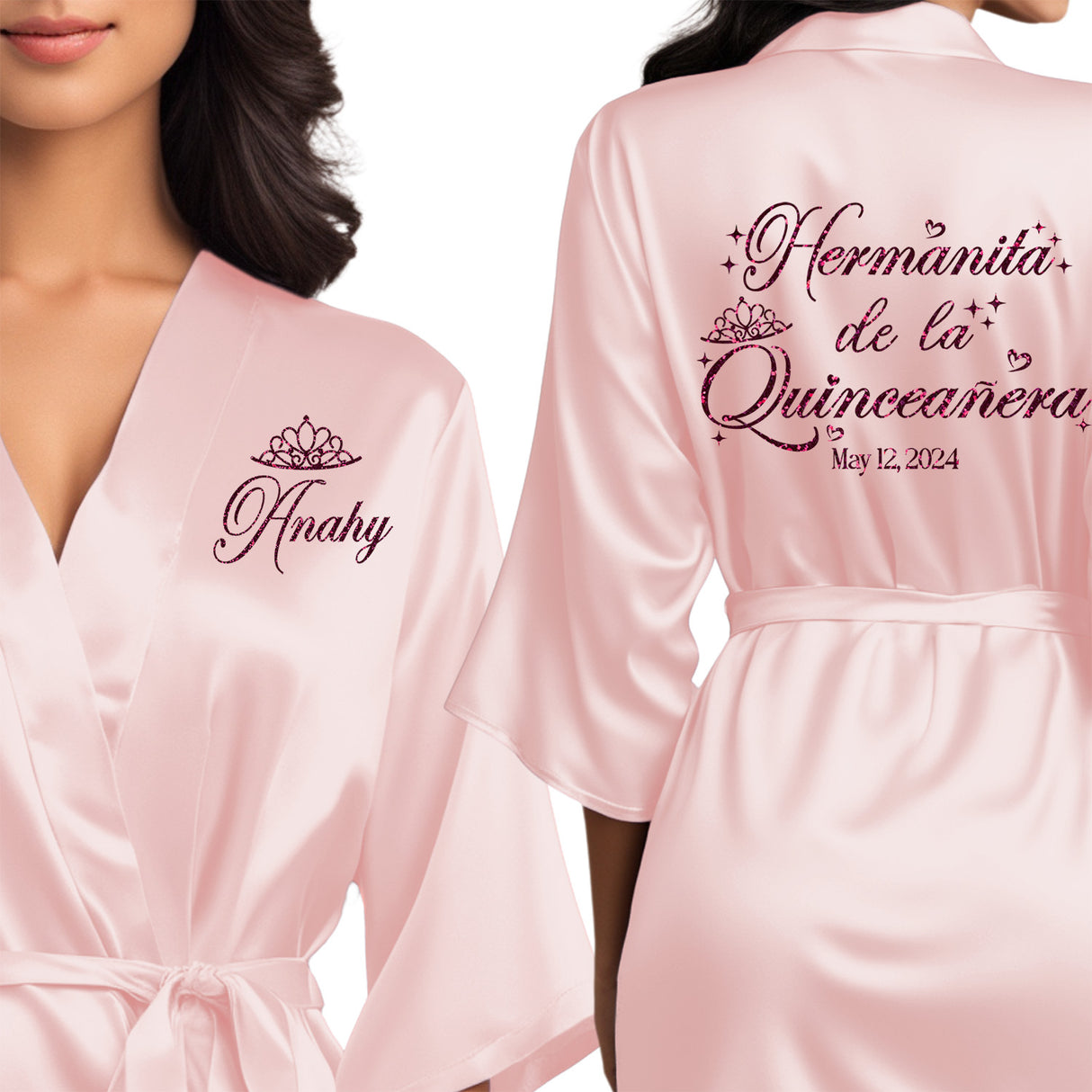 Women's quinceanera satin robes. Personalize with your name and event date. Blush pink quince robes for little sister.