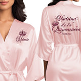 Satin blush pink quince robes with  burgundy glitter. Madrina de la quinceanera gtting ready robes.