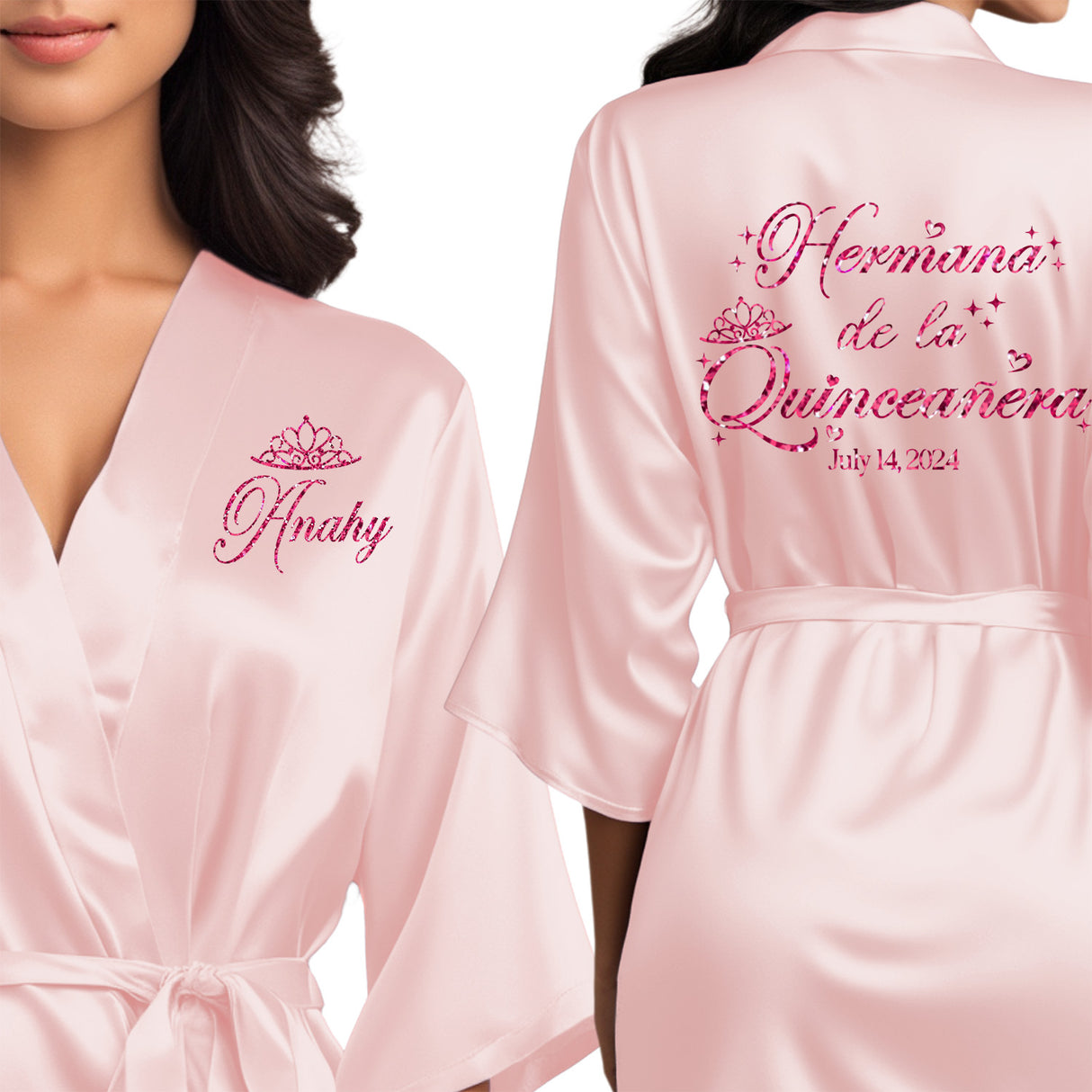 Personalized blush pink quinceanera robes with fuchsia glitter. Hermana de la quinceanera getting ready robes.