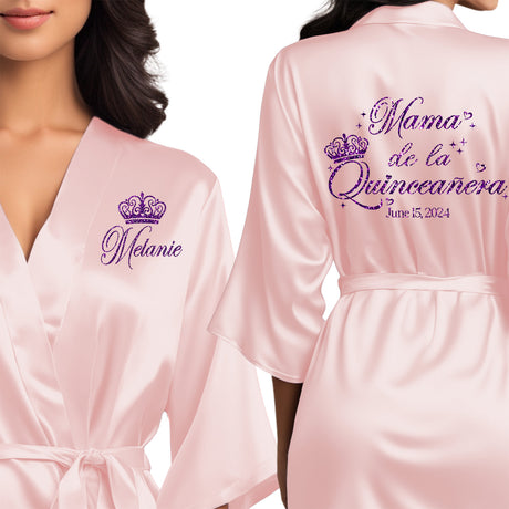 Personalized satin mama de la quinceanera robes. Blush pink quince robes with purple glitter. 