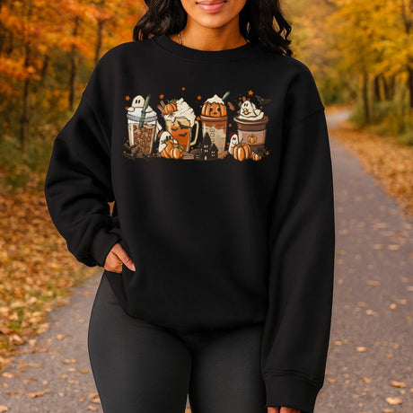Halloween sweatshirt featuring various latte cups with some friendly ghosts. This design is subtle and works great as a Fall Sweatshirt. all SKUs