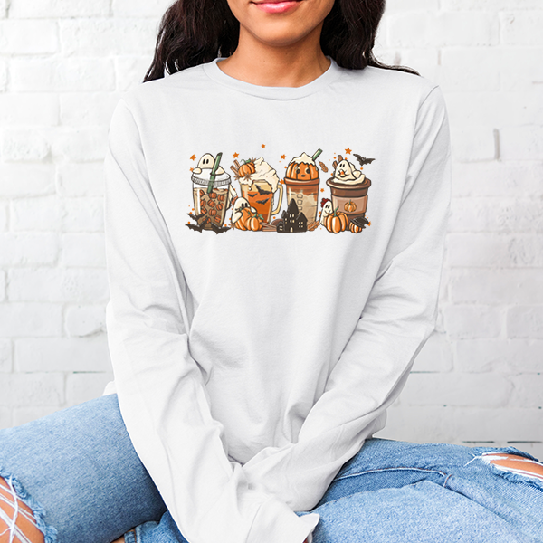 Halloween sweatshirt for women in various colors and sizes.  This design showcases various lattes with a few small friendly ghosts. allSKUs