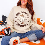 Halloween Sweatshirt with a ghost dressed in cowgirl hat and cowgirl boots for that western style. all SKUs