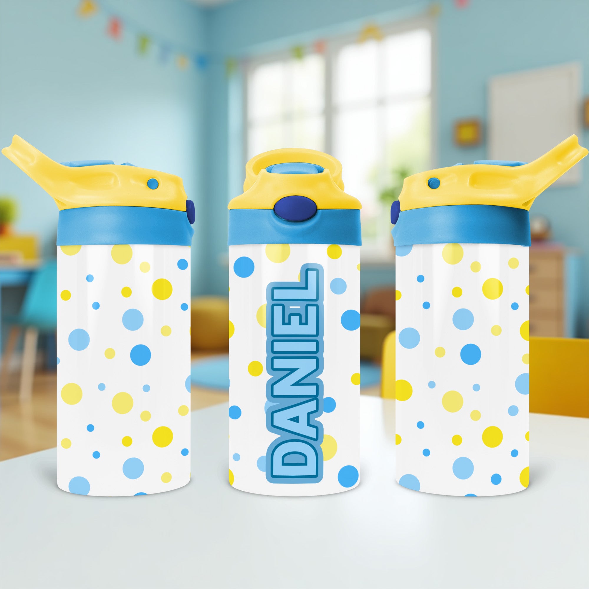 Back to school tumbler with name includes bright polka dots and a secure flip lid for school use.