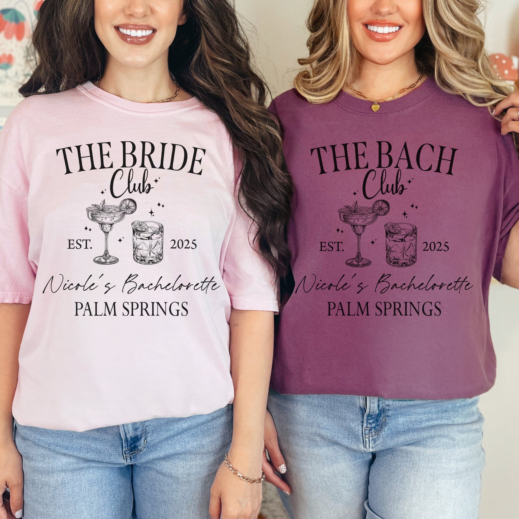 Bridal party celebrating a destination bachelorette weekend with cute matching bachelorette shirts with The Bach Club design. 