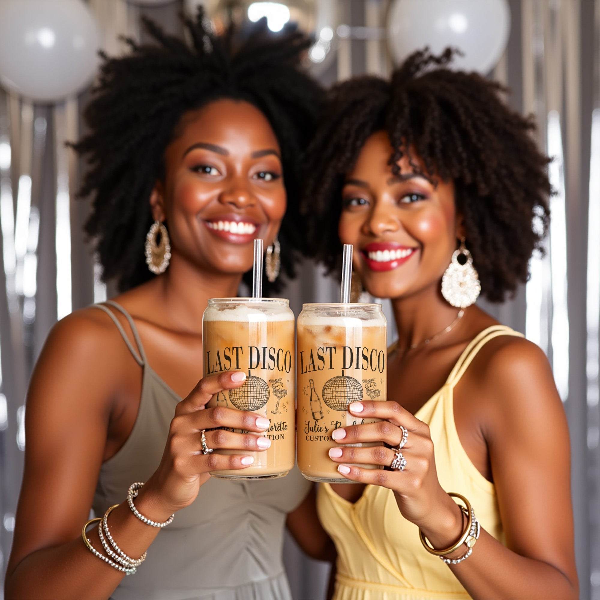 Surprise your bride tribe with custom Last Disco iced coffee glasses. Personalized bachelorette party cups, the perfect gifts for bridesmaids and the bride.