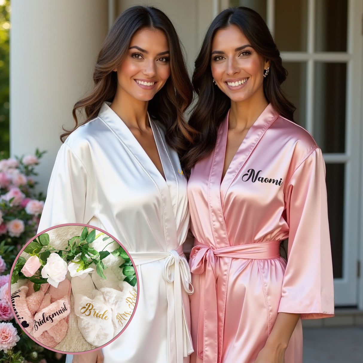 Fun personalized bridal party satin robe and slipper set. Robe for bride and bridesmaid.