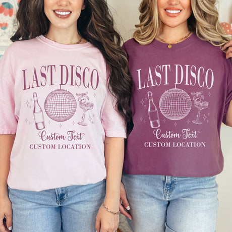 Custom Comfort Colors disco bachelorette party shirt with name, perfect as a bride to be gift or matching bridesmaid shirt for bachelorette trip.