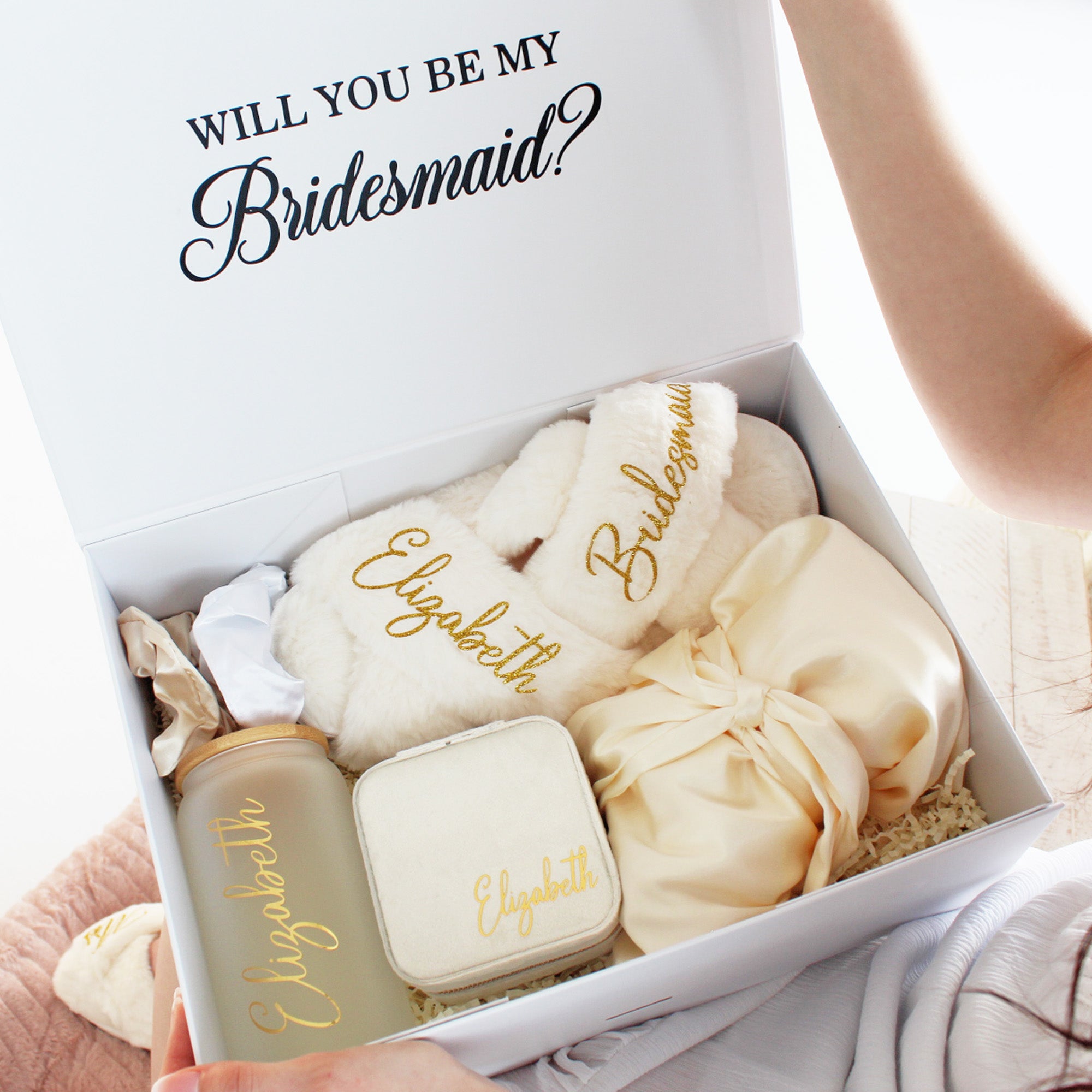 Bridesmaid proposal gift box with personalized name jewelry box and satin robe, perfect for wedding party gift.