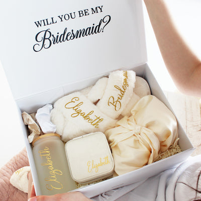 Bridesmaid proposal gift box with personalized name jewelry box and satin robe, perfect for wedding party gift.