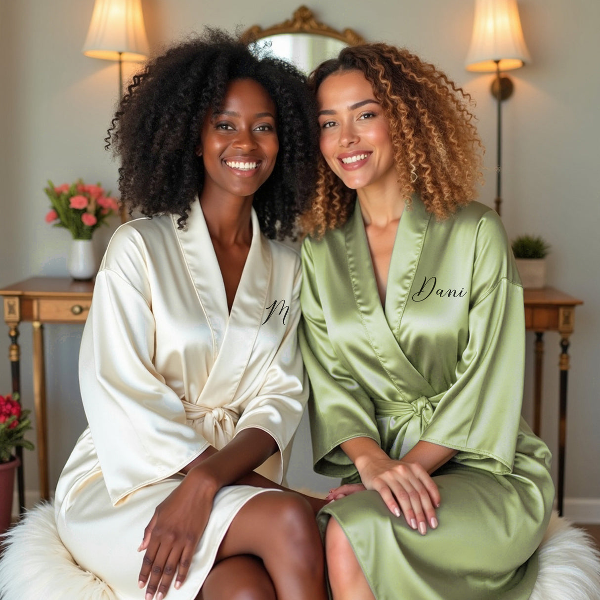 Personalized sage green and beige bridesmaid robes. Bridesmaid proposal gifts.