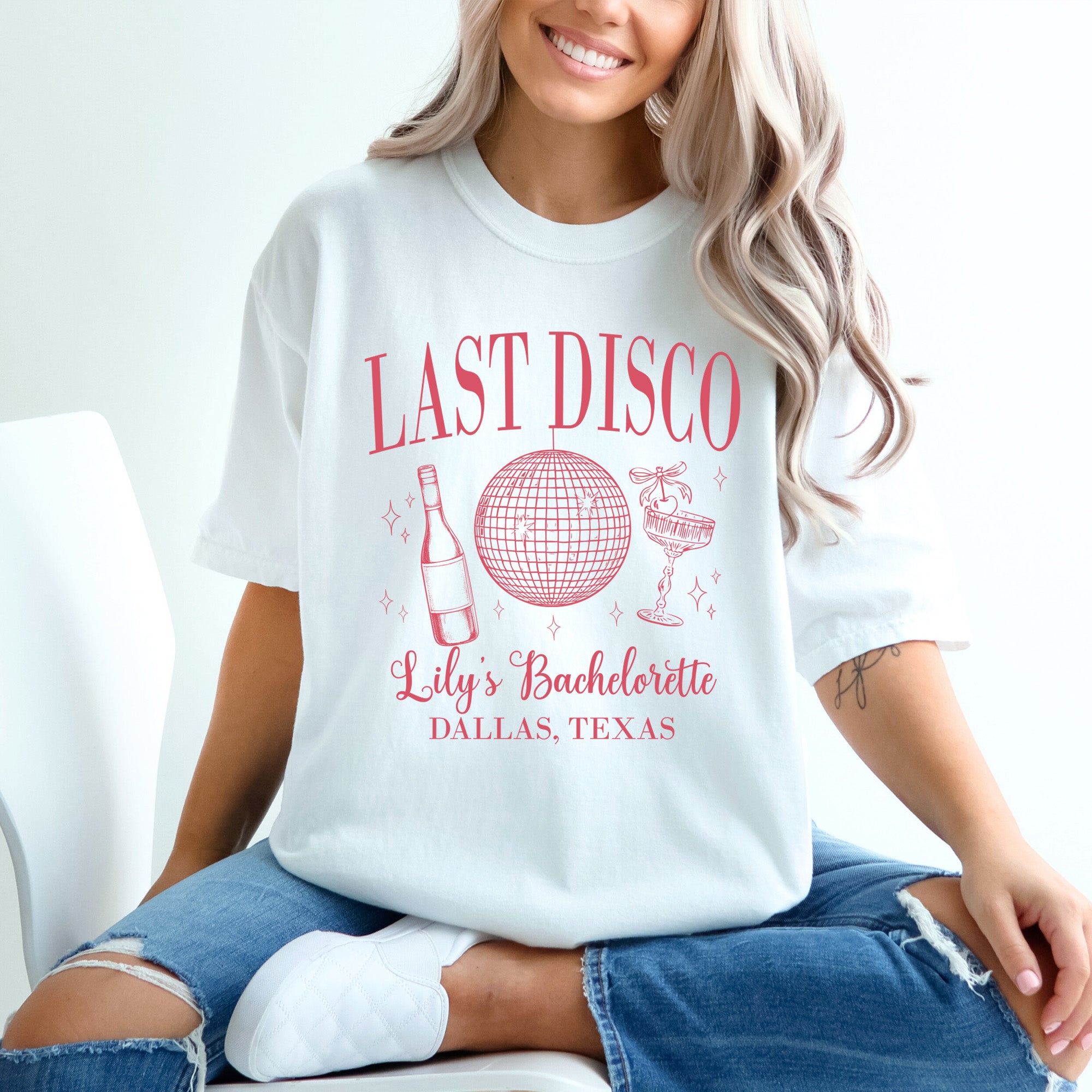 Custom Comfort Colors bridal shirts with disco design, perfect for bridesmaid proposal gifts, matching bachelorette outfits, or pre-wedding events.