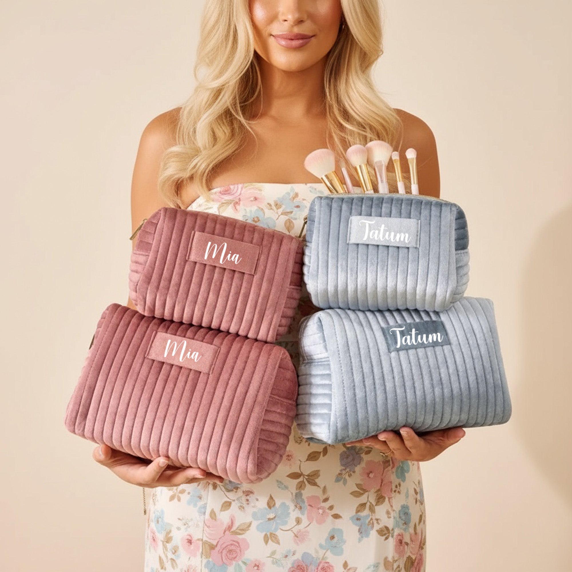 Personalized Velvet Makeup Bag Matching Set with Name