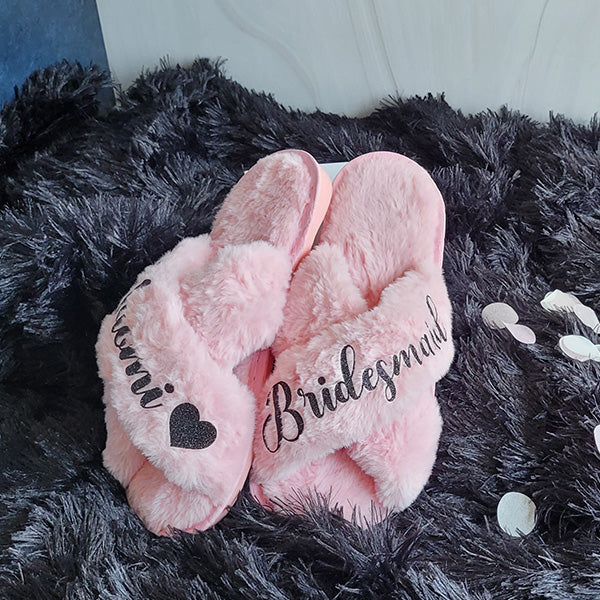 BluChi Personalized Fluffy Slippers for Women/ Bridesmaid & Bride Gift