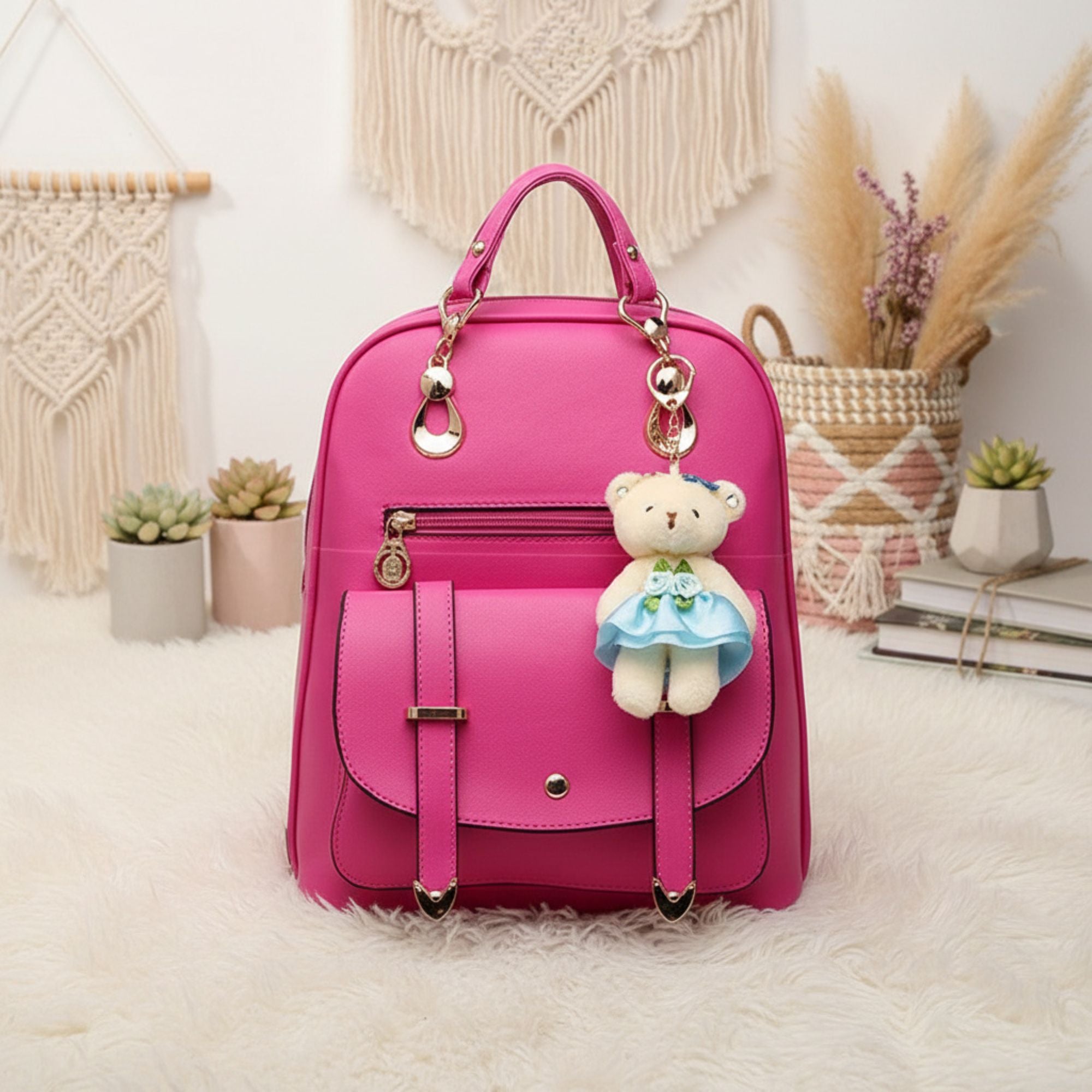 Classic Fashion Backpacks with Teddy Bear Charm