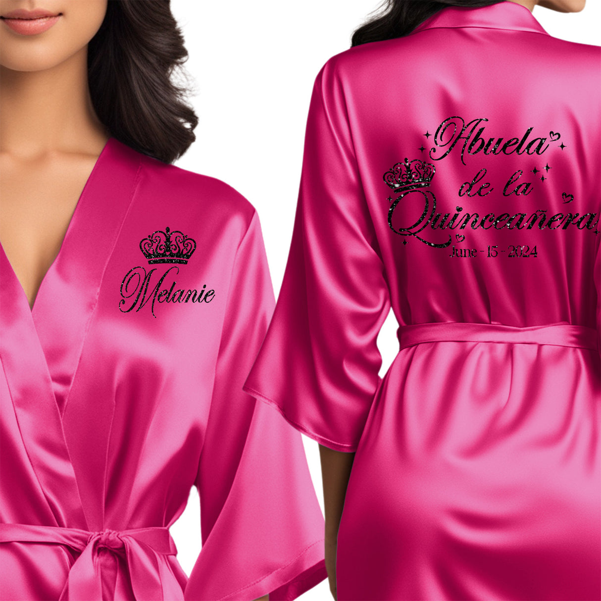 Personalized satin getting ready robes for abuela de la quinceanera. Bright pink quince robes with black glitter. 