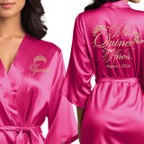 Personalized bright pink satin quinceanera robes. Beautiful pink getting ready mis quince anos robes with champagne gold glitter. Great quinceanera gifts.