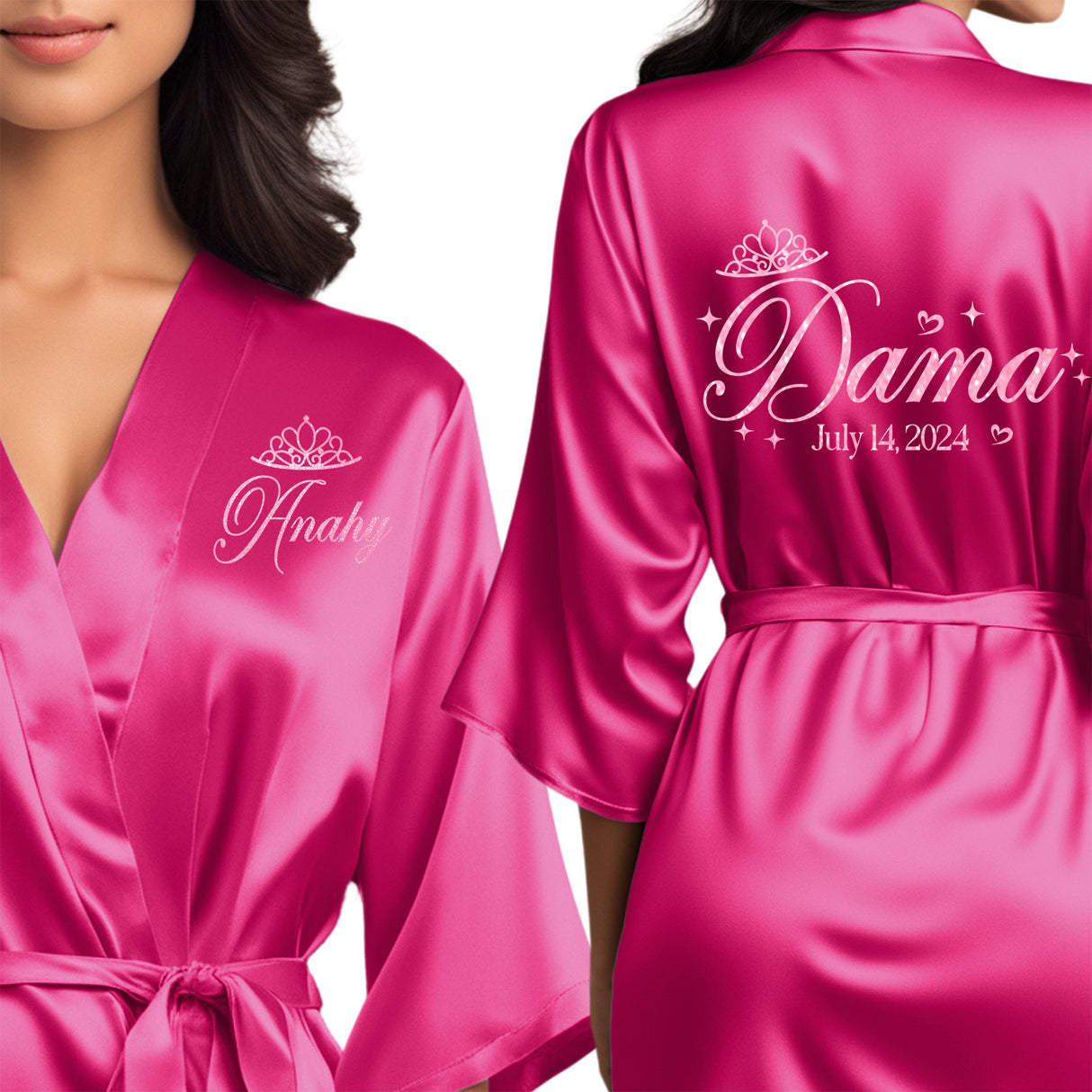 Personalized quinceanera robes for damas. Beautiful satin pink robes for the quinceanera squad.