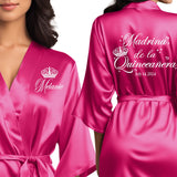 Madrina de la quinceanera personalized satin robes. Beautiful bright pink soft satin quince robes. 