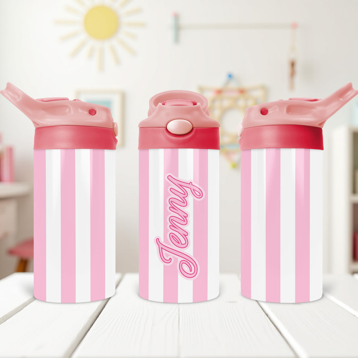Colorful striped water bottle for children with name personalization for easy school identification.