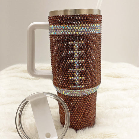 Brown Rhinestone Tumbler for Football Enthusiasts and Football Lovers. Great to take to games at all levels, including NFL, college and more. Brown