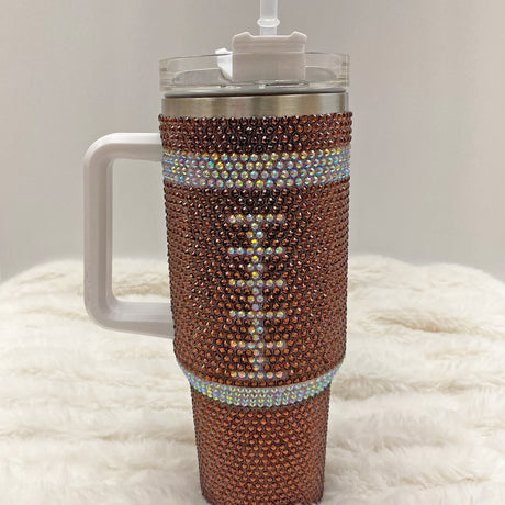 40oz Pink and Brown Bling Rhinestone Football Tumbler with Straw and Lid - Gifts Are Blue