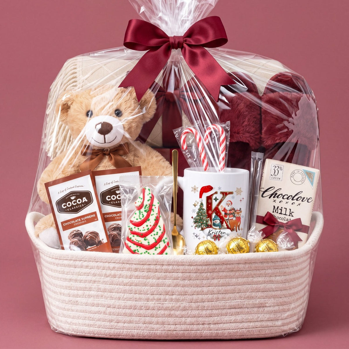 Burgundy Merry & Snuggly Christmas Gift Basket for Her - Gifts Are Blue
