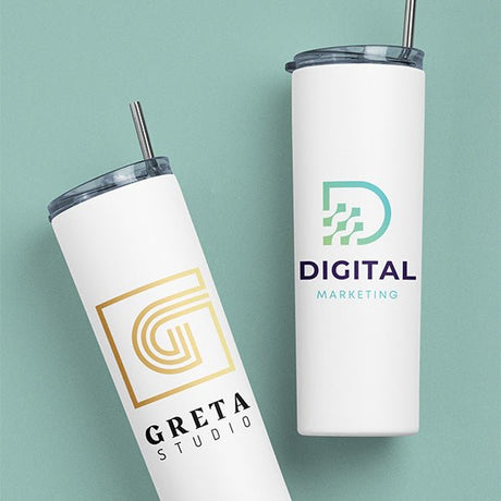 Custom Logo Tumbler for Small Businesses and Corporate Swag with Lid and Straw - Gifts Are Blue