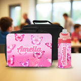 Durable personalized lunch box and matching water bottle for kids, custom lunch box with name and butterfly design.