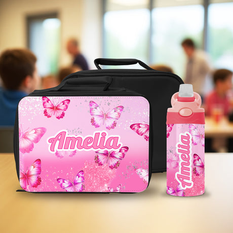 Durable personalized lunch box and matching water bottle for kids, custom lunch box with name and butterfly design.