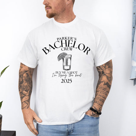 Custom funny bachelor party t-shirt with groom and groomsmen names, perfect as a personalized gift for groom and matching party crew.