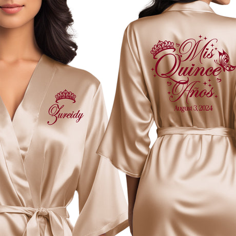 Pretty personalized champagne gold satin quinceanera robes. The perfect getting ready mis quince anos robes with burgundy design. Great quinceanera gifts.