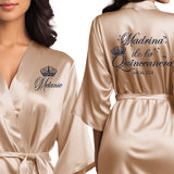 Satin champagne gold quince robes with navy blue glitter. Madrina de la quinceanera getting ready robes.