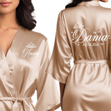 Champagne gold quinceanera robes for damas. Beautiful satin champagne gold robes with a white design.