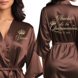 Front and back personalized satin robe at knee length. Abuela de la quinceanera chocolate getting ready robes with champagne gold glitter.