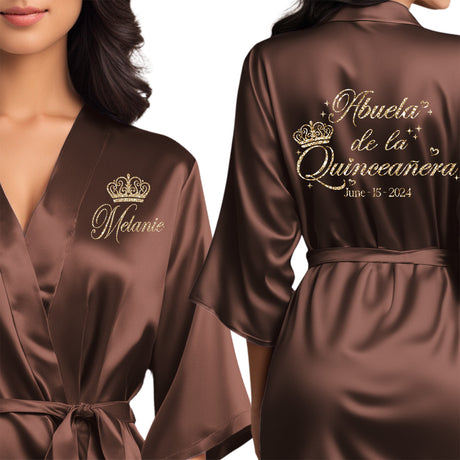 Front and back personalized satin robe at knee length. Abuela de la quinceanera chocolate getting ready robes with champagne gold glitter.