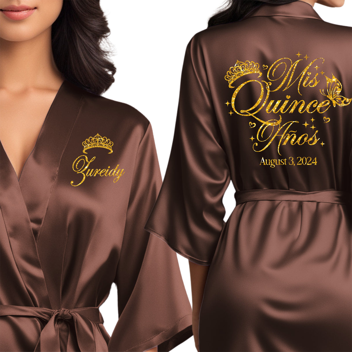 Personalized chocolate satin quinceanera robes. Beautiful getting ready mis quince anos robes with gold glitter. Cute robes for 15th birthday.